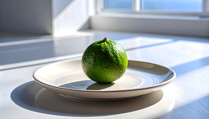 A vibrant green lime sits on a white plate, bathed in bright sunlight, creating a fresh and inviting scene.