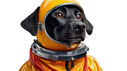 Astronaut Dog: An adorable black dog dressed in a vibrant orange astronaut suit, complete with a helmet, showcasing curiosity and the boundless spirit of exploration.