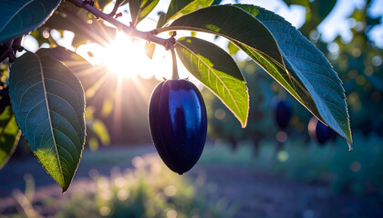 A ripe, dark plum hangs from a branch, illuminated by the sun, creating a serene and natural scene.