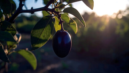 A ripe plum hangs from a branch, illuminated by the sun, with leaves and a blurred background.