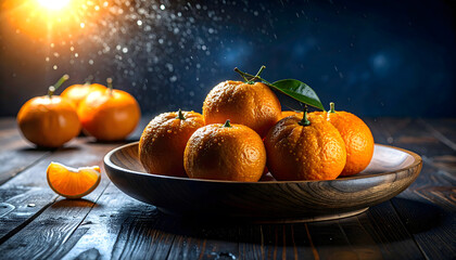 A vibrant display of fresh tangerines, glistening with droplets, arranged in a rustic wooden bowl on a dark wooden surface.