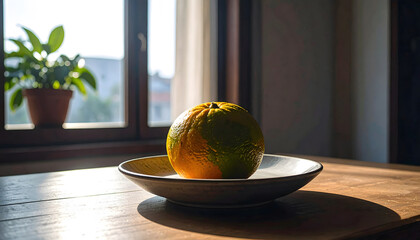 A vibrant orange sits on a plate, bathed in warm sunlight, creating a peaceful, still-life composition.