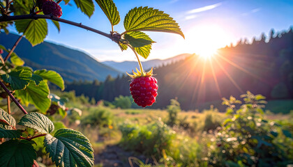 A ripe raspberry hangs from a branch, bathed in the warm glow of the setting sun.