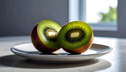 Two kiwi halves are displayed on a white plate, showcasing their vibrant green flesh and black seeds.