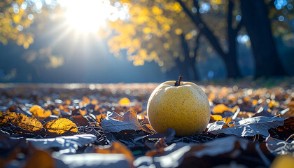 A ripe pear rests among fallen leaves, bathed in the warm glow of autumn sunlight.