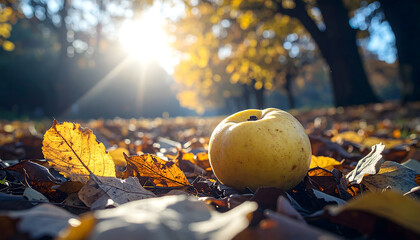 A ripe apple rests among fallen leaves, bathed in the warm glow of the autumn sun.
