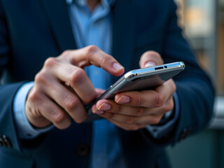 A man in a suit uses a smartphone, focusing on the device and his hands.