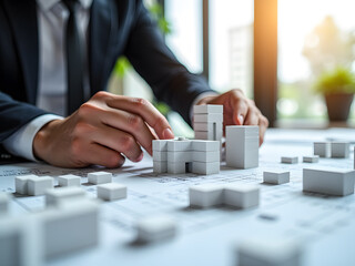 A business professional designs a building model, showcasing creativity and strategic planning.