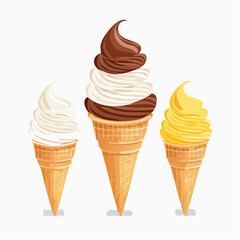 A vector set of five different ice cream treats. Popsicle, cone with scoops, layered pop, twist pop, soft serve. Ice cream illustrations.