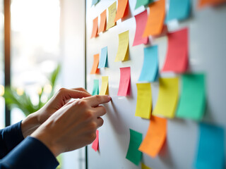 Hands placing a yellow sticky note on a board covered in colorful notes. A visual representation of brainstorming and project management.