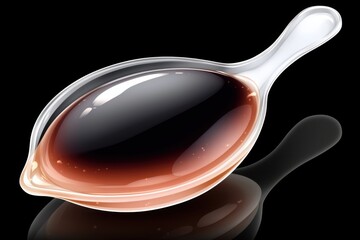 Glossy Liquid in Spoon Reflecting Light Against Black Background