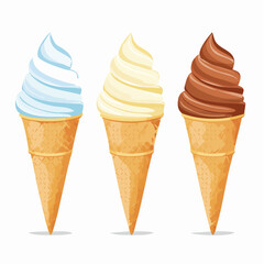 A vector set of five different ice cream treats. Popsicle, cone with scoops, layered pop, twist pop, soft serve. Ice cream illustrations.