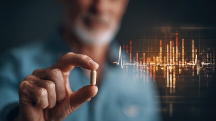 Focused view of a person holding a pill against a softly lit background featuring an outoffocus circadian rhythm chart symbolizing synchronized antihypertensive drug intake during