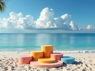 Colorful display platforms on a sandy beach with a tranquil ocean backdrop. Perfect for showcasing products in a serene, tropical setting.