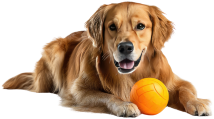 Golden Retriever's Playtime: A beautiful Golden Retriever smiles with a playful ball, showing its energetic and joyful personality in a heartwarming scene.
