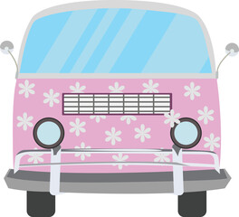 Pink Camper van with flowers vector design with front view of van illustration isolated on background.