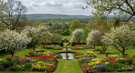 A vibrant garden with colorful flowerbeds, a pond, and trees in bloom, overlooking a scenic landscape of rolling hills and fields.