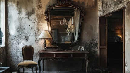 Antique mirror in decaying room; vintage furniture, dust, and light. Use Historic home interior