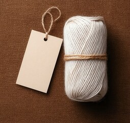 Ball of Soft Yarn With Rustic Twine Wrap and Simple Paper Tag on a Brown Surface