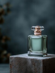 Glass Perfume Bottle With Crystal Cap Sitting on Stone in Dim Light