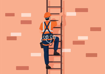 Construction worker in safety harness climbing ladder on brick wall.