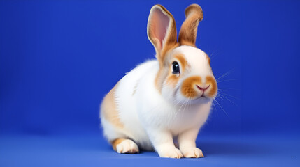 Obraz premium Little white with brown ear rabbit clean forelegs and look forward on blue screen background.