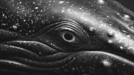 Close-up monochrome shot of a whale's eye and surrounding skin, showcasing texture and detail