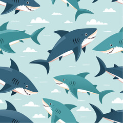 Obraz premium Shark seamless pattern. Hand-drawn vector sharks repeat pattern background.