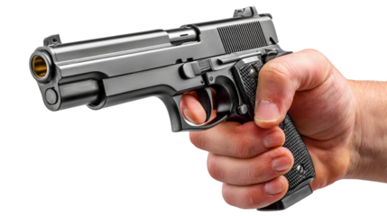 Grip of Steel: A steely-eyed person grips a handgun with precision, demonstrating control. This image captures a stark representation of force and power.