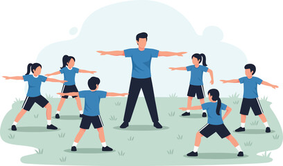 Group of children and an instructor performing exercises outdoors.
