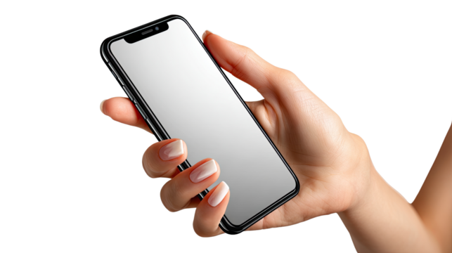 Hand Holding a Smartphone: A close-up shot of a woman's hand gracefully holding a sleek smartphone, showcasing its screen in a clean, minimalist aesthetic