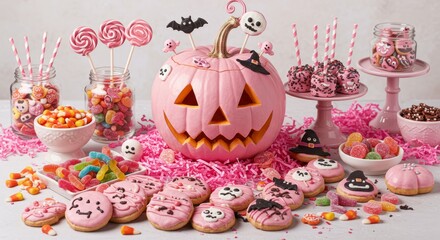 Pink Halloween dessert table with cute treats in pink color palette, with pink jack-o'-lantern, frosted cupcakes, ghost-shaped cookies, cake pops, swirl lollipops. Children's party concept