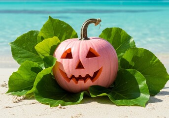 Halloween on the Beach. A carved pink jack-o'-lantern rests on large green leaves on a sandy tropical shore with turquoise water in the background. Creative seasonal greetings or travel concept