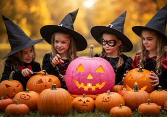 Children in festive Halloween costumes around pink large, glowing jack-o'-lantern in backyard. Kids, dressed as witches. Joy, friendship, and excitement of childhood during fall holiday