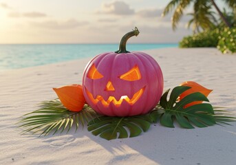 Pink Halloween pumpkin, glowing Jack-o'-lantern on beach with large tropical monstera and palm leaves, physalis (Chinese lanterns) on sea or ocean background. 