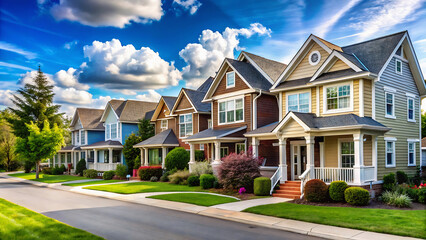 Obraz premium A row of suburban houses with manicured lawns under a bright blue sky with fluffy white clouds