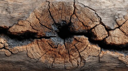 Macro view of cracked brown wood grain with signs of decay -