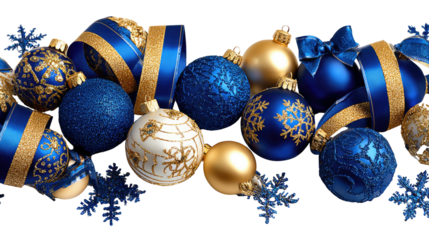 Festive Ornaments: A captivating array of radiant blue and gold ornaments and festive ribbons, a symbol of the holiday spirit and joy.