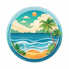 Fototapeta premium Serene tropical beach illustration with palm trees and turquoise ocean view