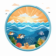 A vibrant underwater scene with diverse marine life and a bright, warm sun setting