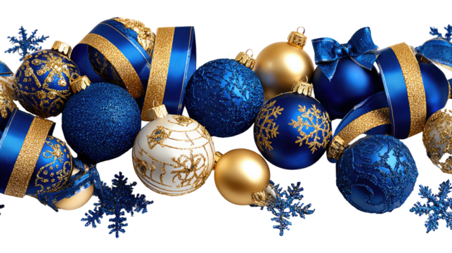 Festive Ornaments: A captivating array of radiant blue and gold ornaments and festive ribbons, a symbol of the holiday spirit and joy.