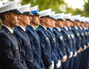 A respectful, wide shot of a line of police officers in dress uniform standing at attention during a formal ceremony. 