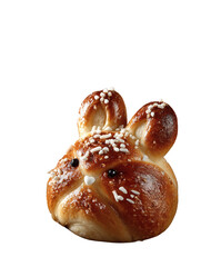 Fototapeta premium Adorable freshly baked bunny-shaped sweet bread adorned with sparkling sugar crystals and dark chocolate chip eyes for a delightful Easter treat perfect for festive celebrations.