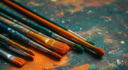 Obraz premium A collection of paintbrushes with colorful bristles lying on a splattered, multicolored surface, suggesting artistic activity.