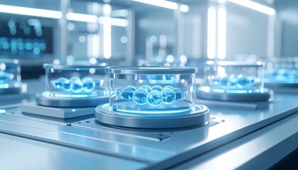 3d-rendered microscopic scene showcasing artificial stem cells dividing in futuristic sterile laboratory environment