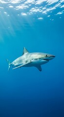 Naklejka premium Majestic Great White Shark Underwater: Sunlit Ocean Depth