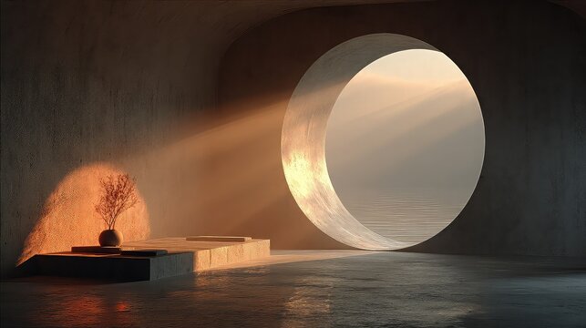 Minimal circular room with sunlight streaming through round window 
