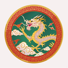 Obraz premium A Majestic Golden Dragon Encapsulated within a Decorative Circle Symbolizing Chinese Art