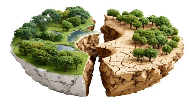 Environmental Contrast: A striking visual juxtaposing thriving ecosystems with desolate, parched landscapes.