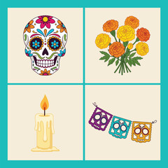 Dia de Muertos Icon Set in Flat Style – Sugar Skull, Marigold, Candle, Papel Picado